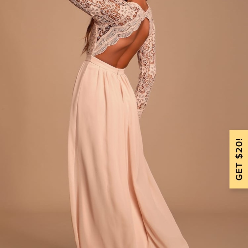 blush evening gown lace top open back maxi dress